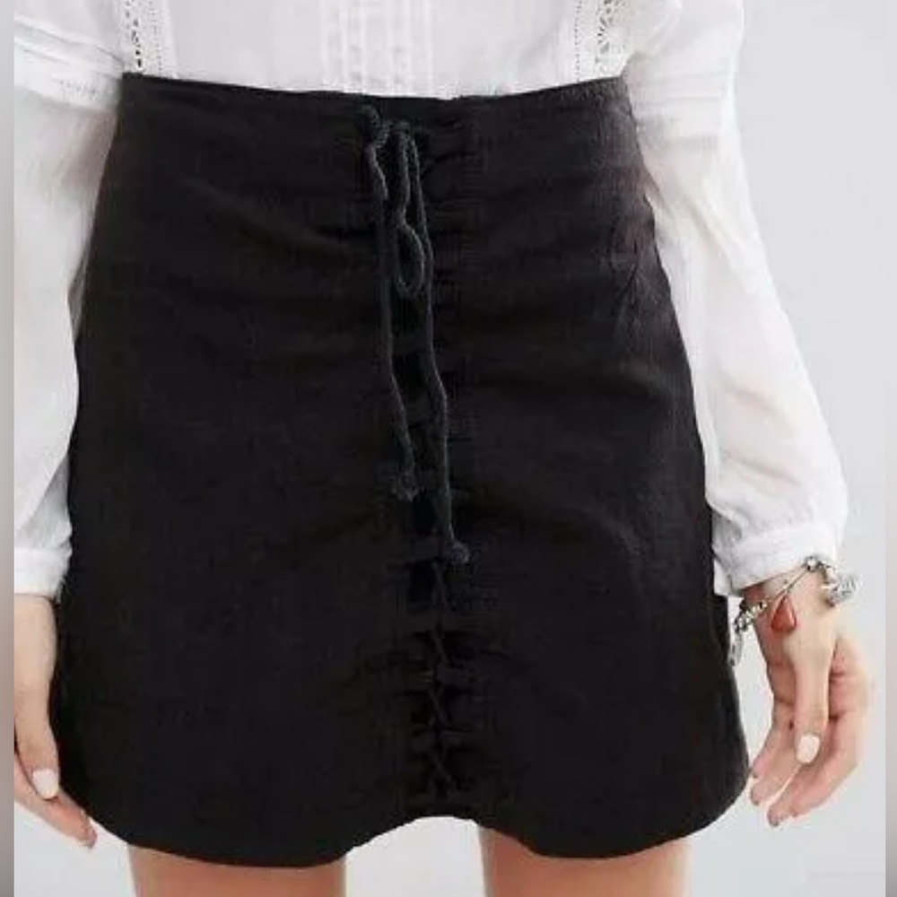 FREE PEOPLE Black Walk My Way Lace Up Mini Skirt XS